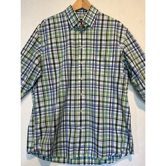 Neiman Marcus Mens Large Plaid Trim Fit Button Up Shirt Blue Green White Plaid - Picture 2 of 12